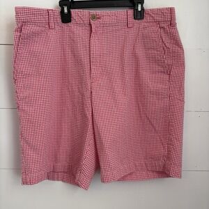 IZOD Mens Golf Chino‎ Shorts 36 Pink Check Seersucker Cotton Blend Preppy Casual
